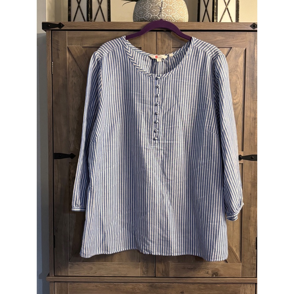 Boden Blue White Striped Linen Blend Button Front Tunic Blouse US 16